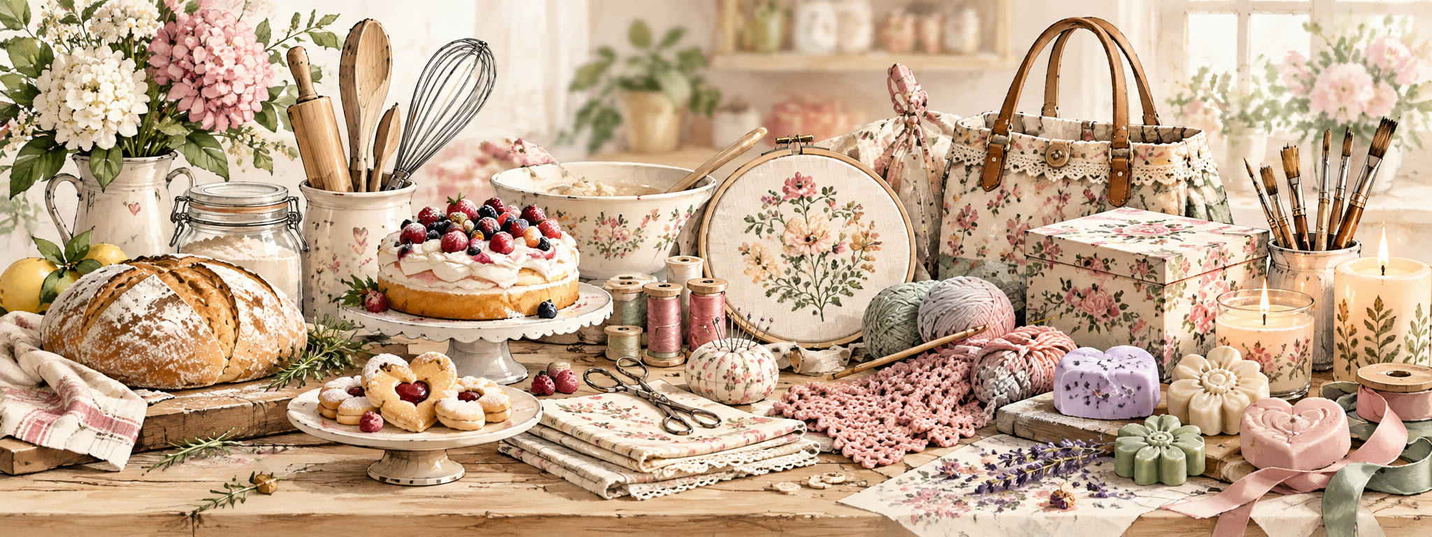 Illustrazione di cucina, cucito, ricamo, découpage, candele e saponette